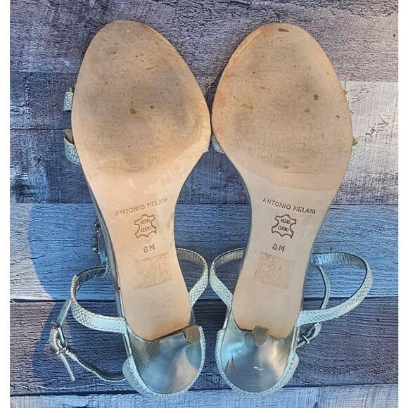 ANTONIO MELANI Silver Crystal Rhinestone T-Strap Heels Sandals Shoes Women's 8M - Picture 7 of 9